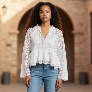 Cato White Lace Peplum Top Long Sleeve V-Neck Boho Crochet Blouse Small